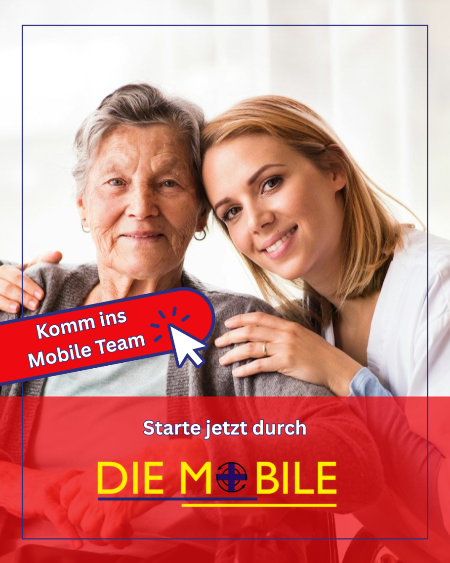 Karriere Junge Frau umarmt ältere Frau, beide lächeln freundlich. Text: "Starte jetzt durch DIE MOBILE".